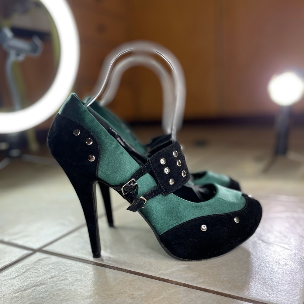 Satin suede ankle strap heel show story Studded green
